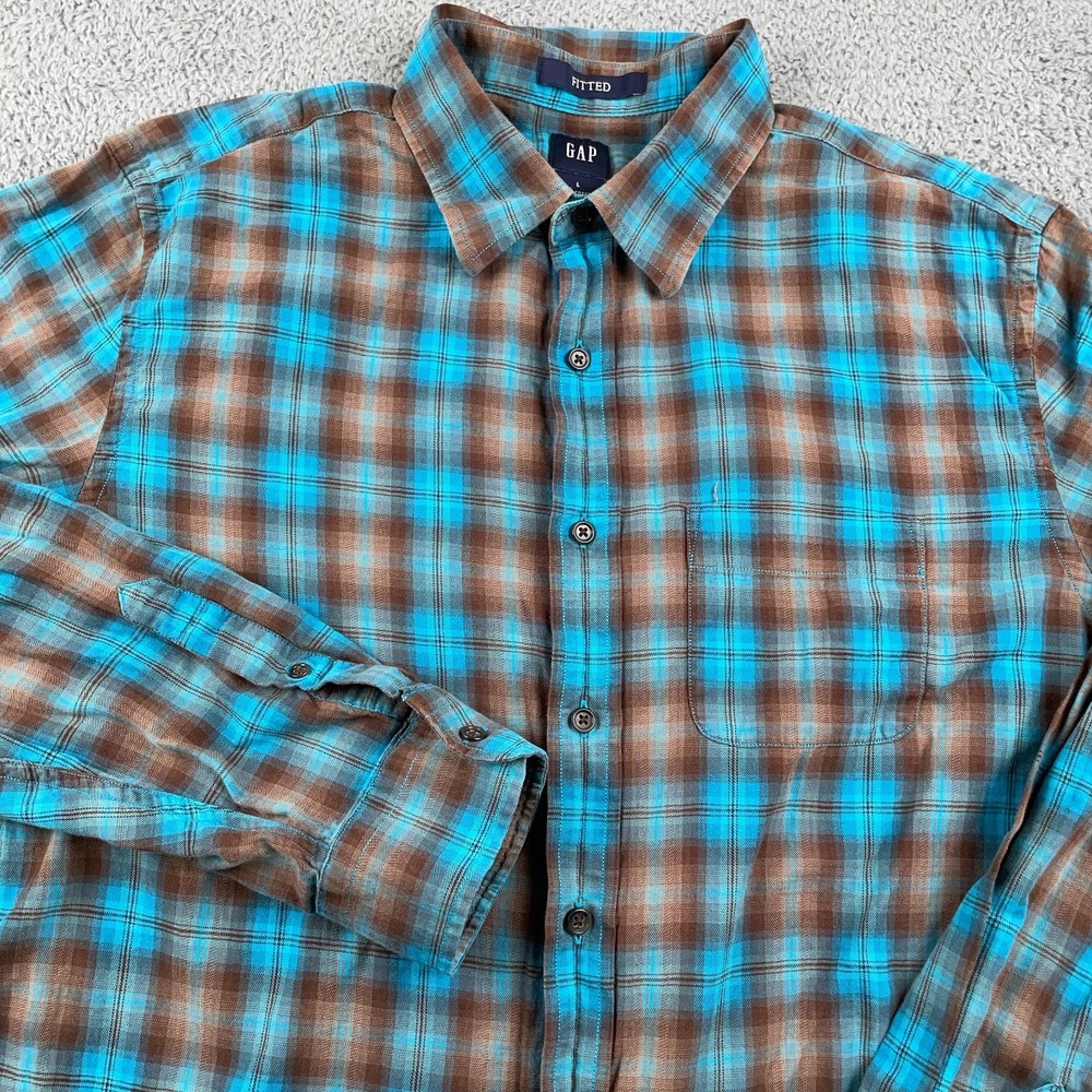 GAP Shirt Mens Large Blue Brown Plaid Fitted Casual Cotton Button Up Preppy